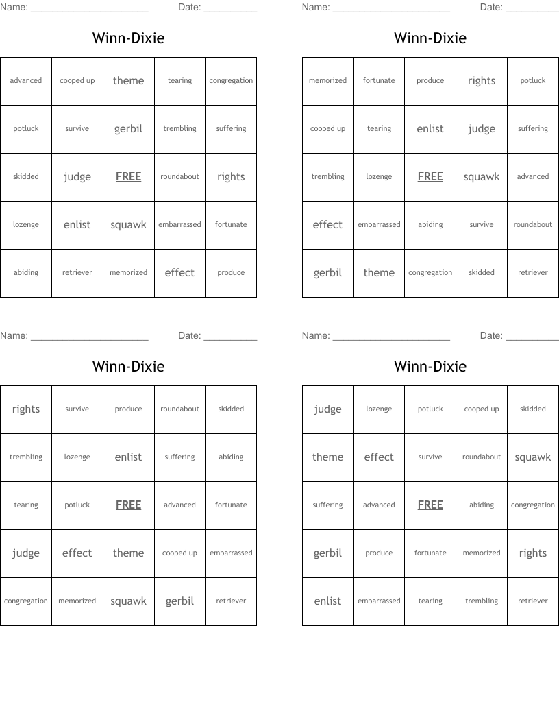 Winn-Dixie Bingo Cards