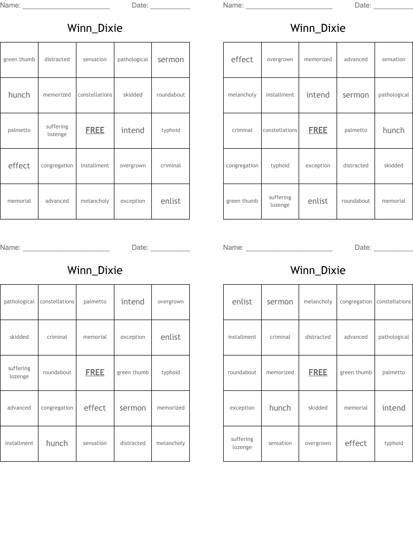 Winn_Dixie Bingo Cards
