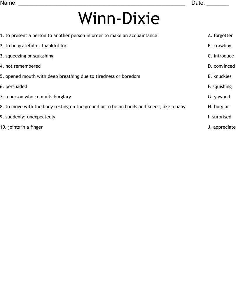 Winn-Dixie Worksheet