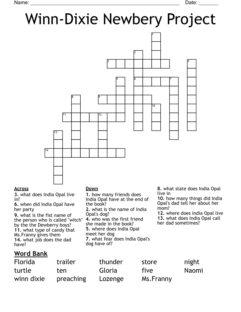 Winn-Dixie Newbery Project Crossword