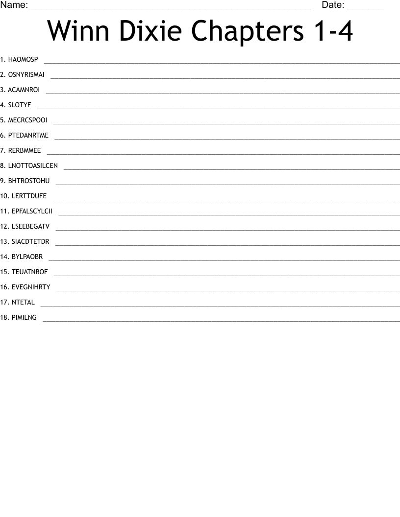 Winn Dixie Chapters 1-4 Word Scramble