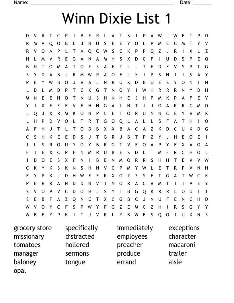 Winn Dixie List 1 Word Search