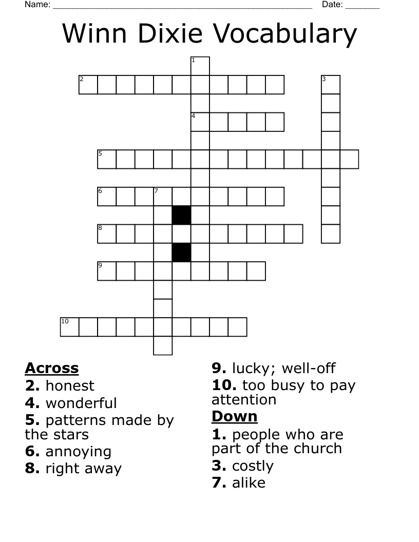 Winn Dixie Vocabulary Crossword