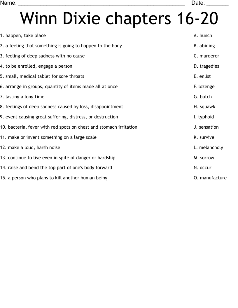 Winn Dixie chapters 16-20 Worksheet
