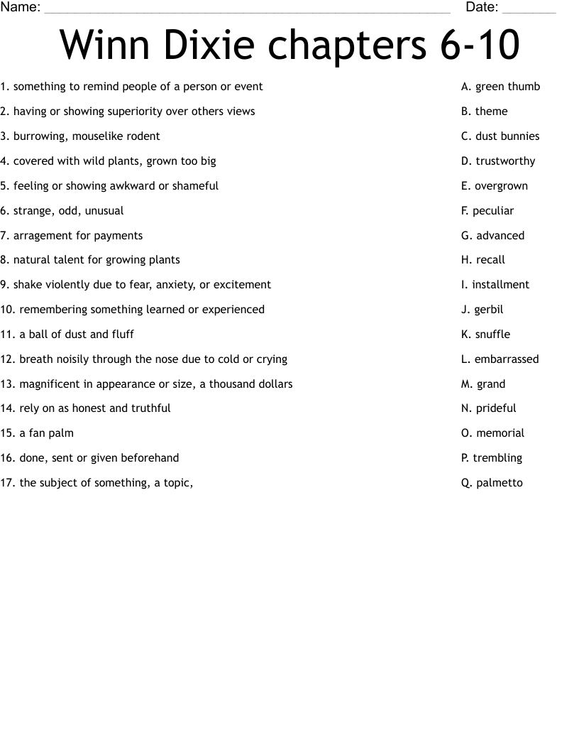 Winn Dixie chapters 6-10 Worksheet