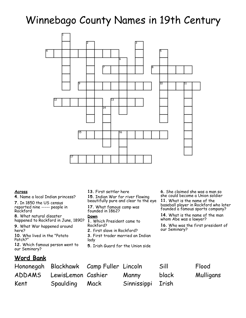 Winnebago County Names in 19th Century Crossword