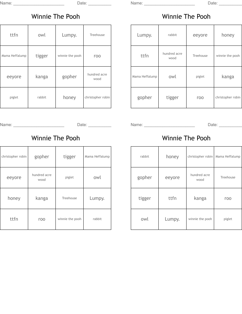Winnie The Pooh  Bingo Cards