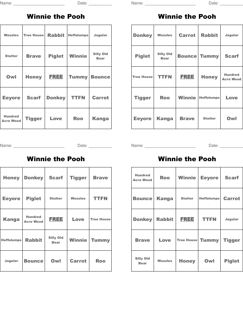 Winnie the Pooh Bingo Cards