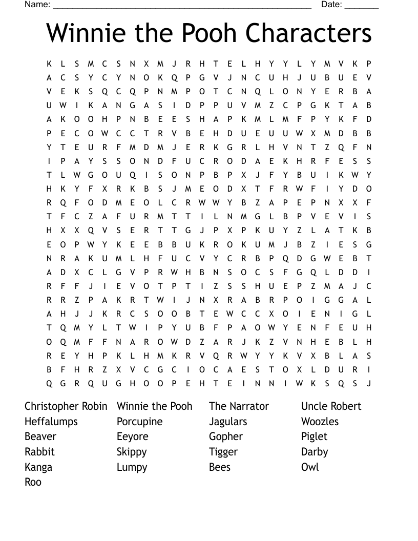 Winnie the Pooh Characters Word Search