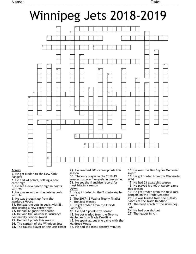 Winnipeg Jets 2018-2019 Crossword