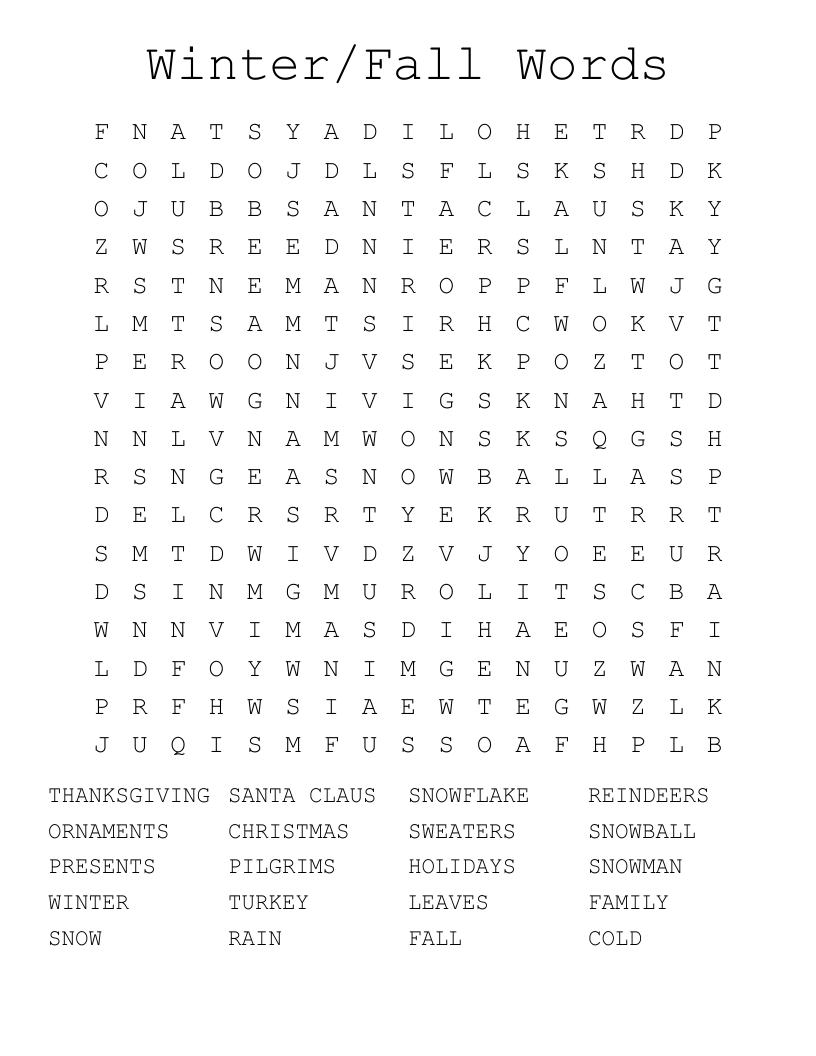 Winter/Fall Words Word Search