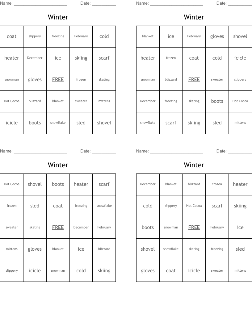 Winter Bingo Cards