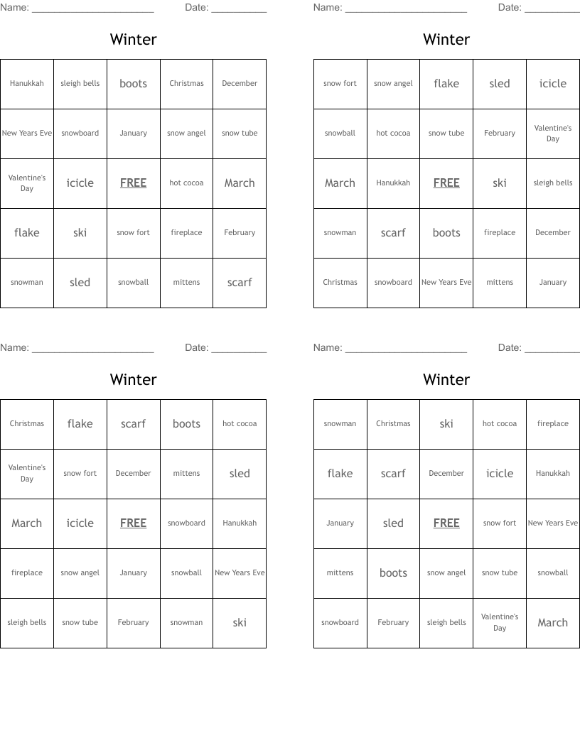 Winter Bingo Cards