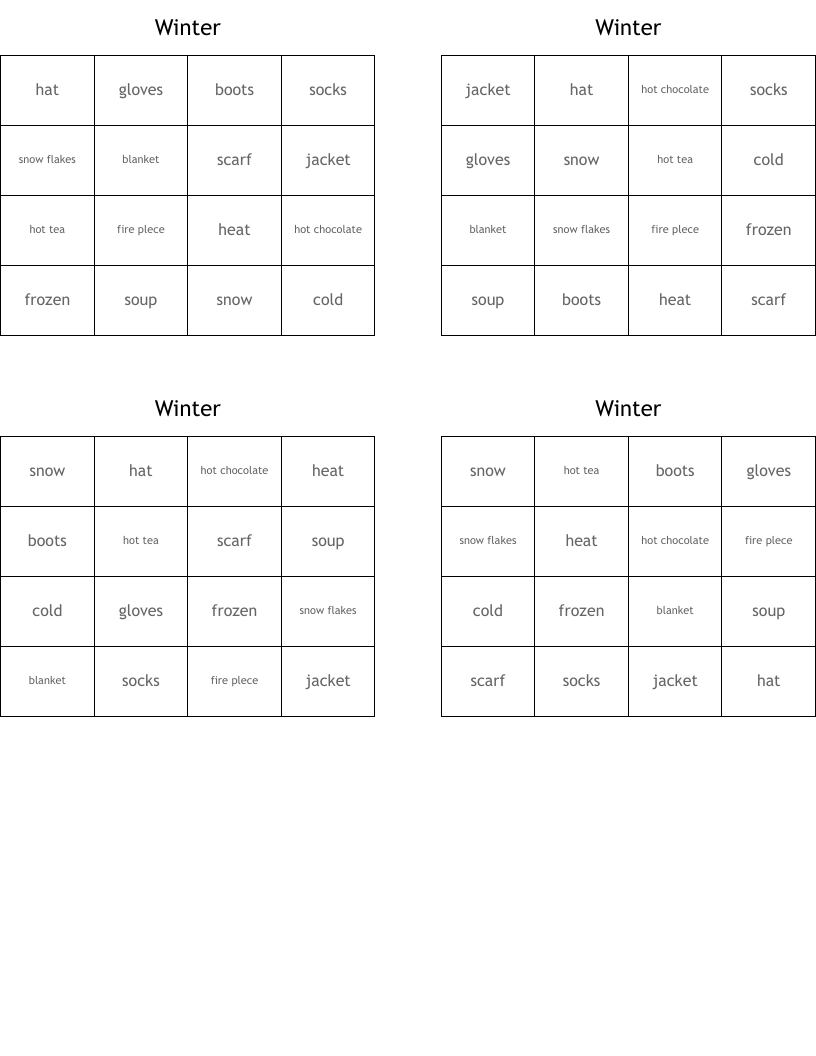 Winter Bingo Cards