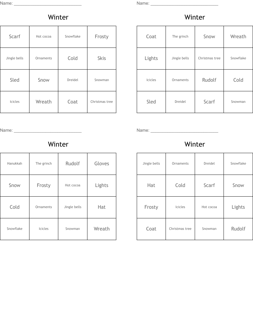 Winter Bingo Cards