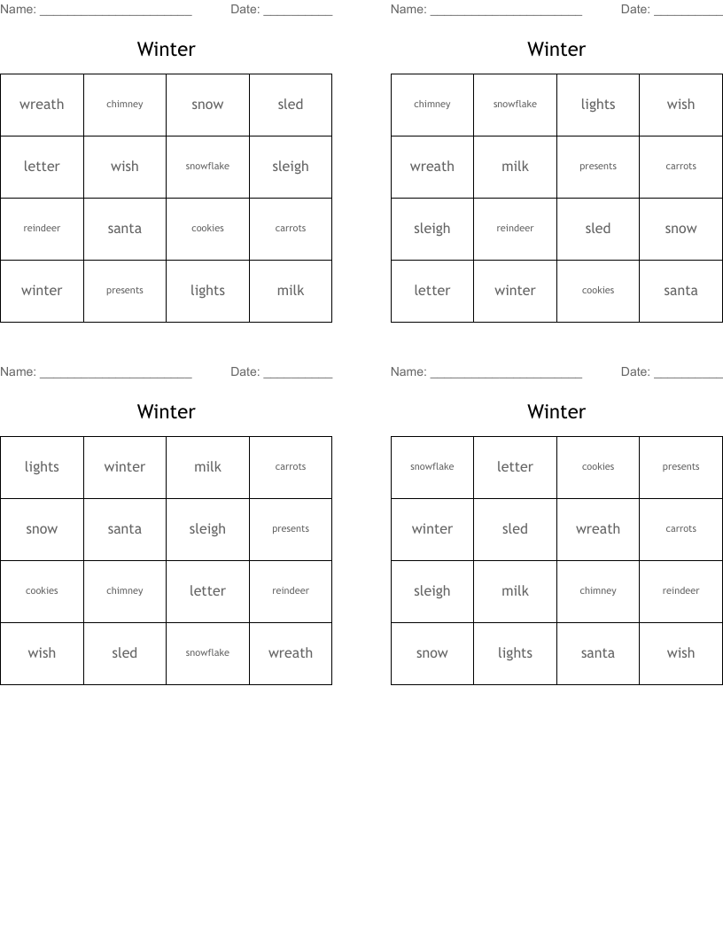 Winter Bingo Cards