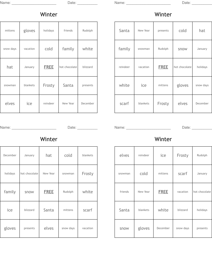 Winter Bingo Cards