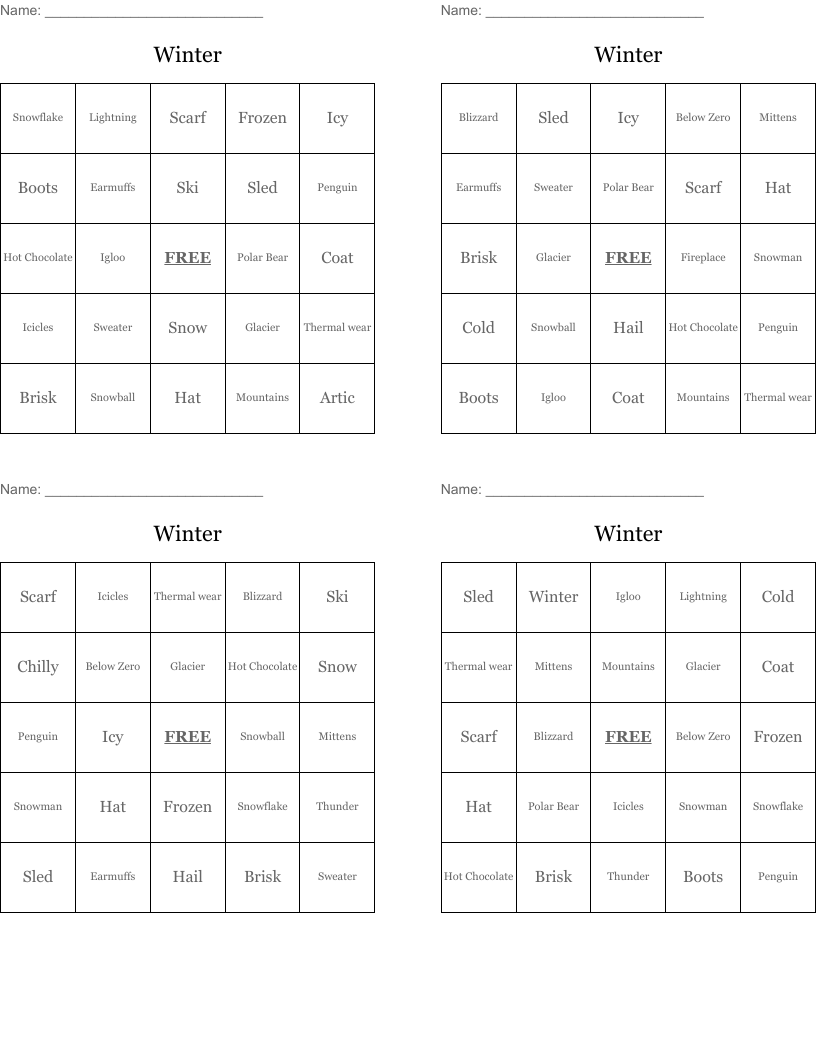 Winter Bingo Cards