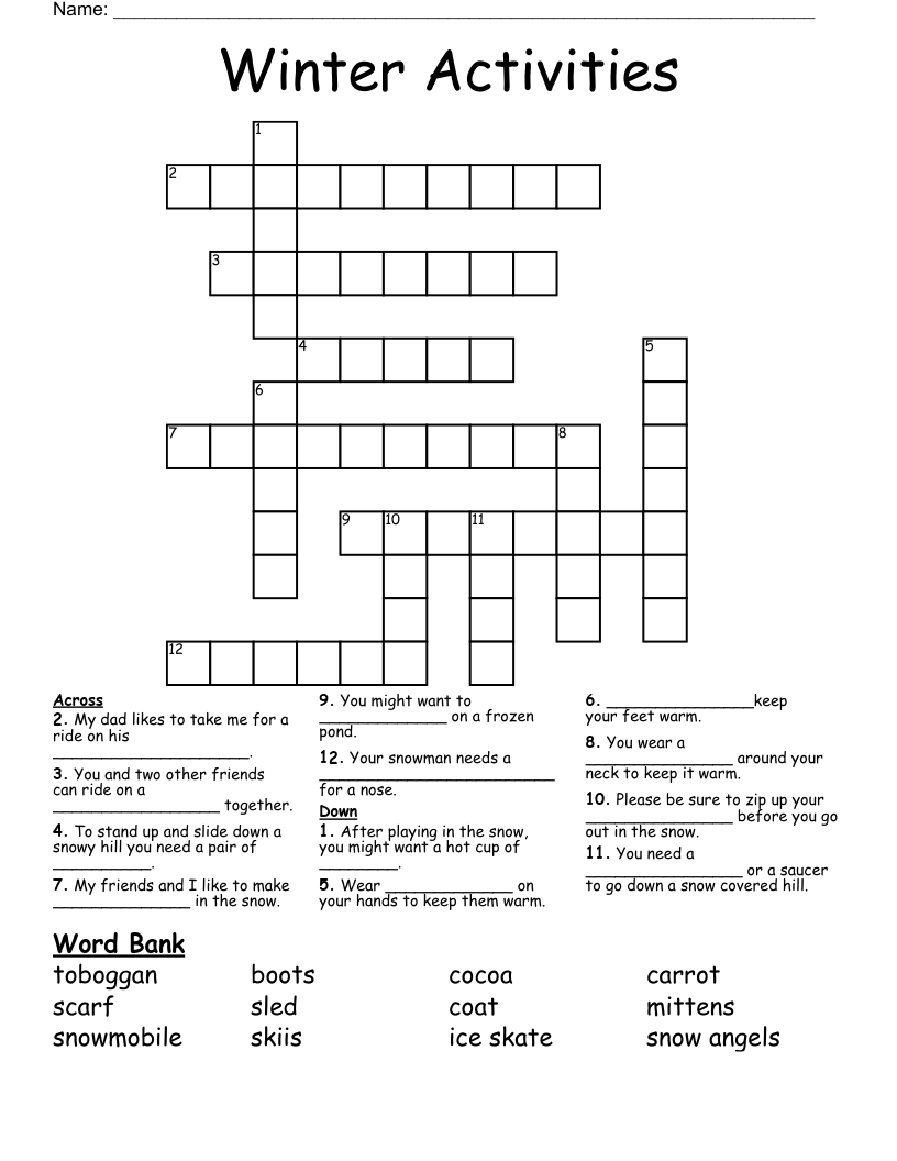 Winter Activities Crossword