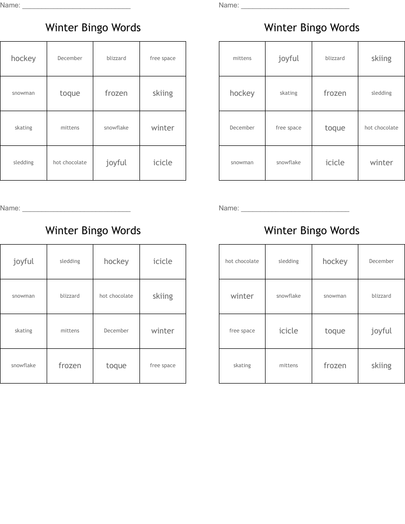 Winter Bingo Words
