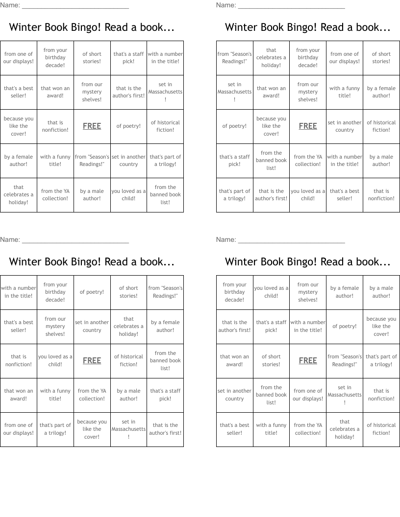 Winter Book Bingo!  Read a book...
