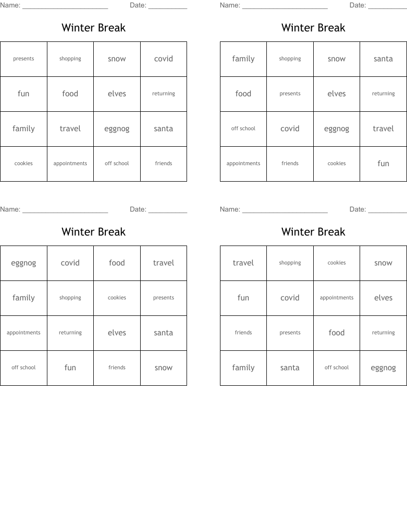 Winter Break Bingo Cards