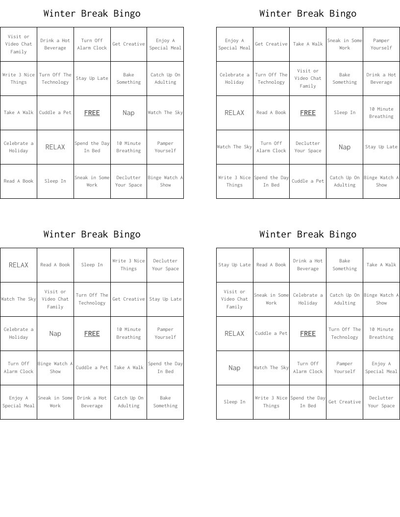 Winter Break Bingo