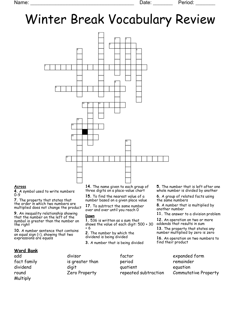 Winter Break Vocabulary Review Crossword