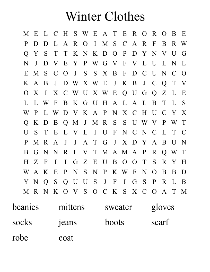 Winter Clothes Word Search