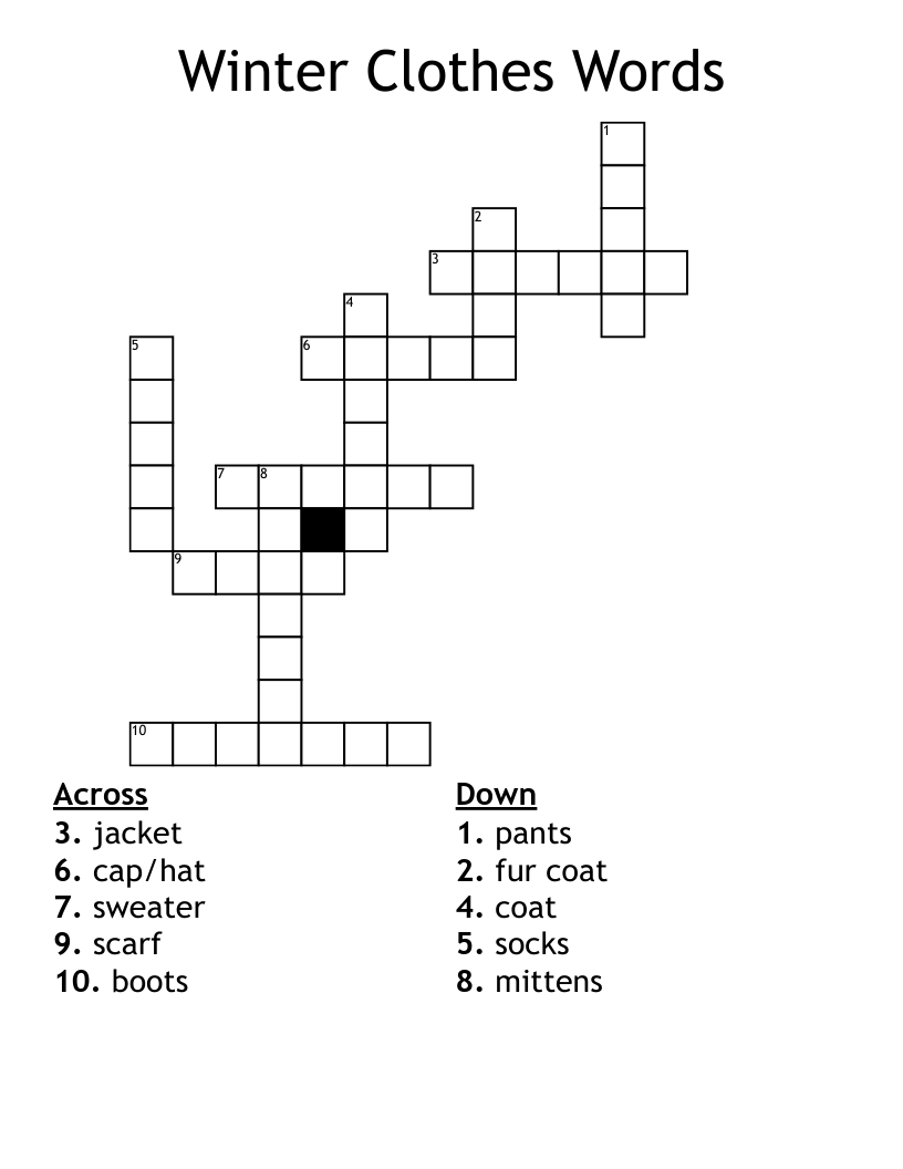 Winter Clothes Words Crossword