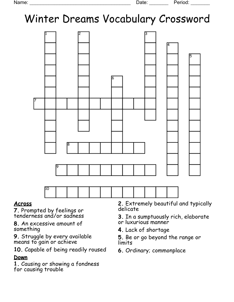 Winter Dreams Vocabulary Crossword