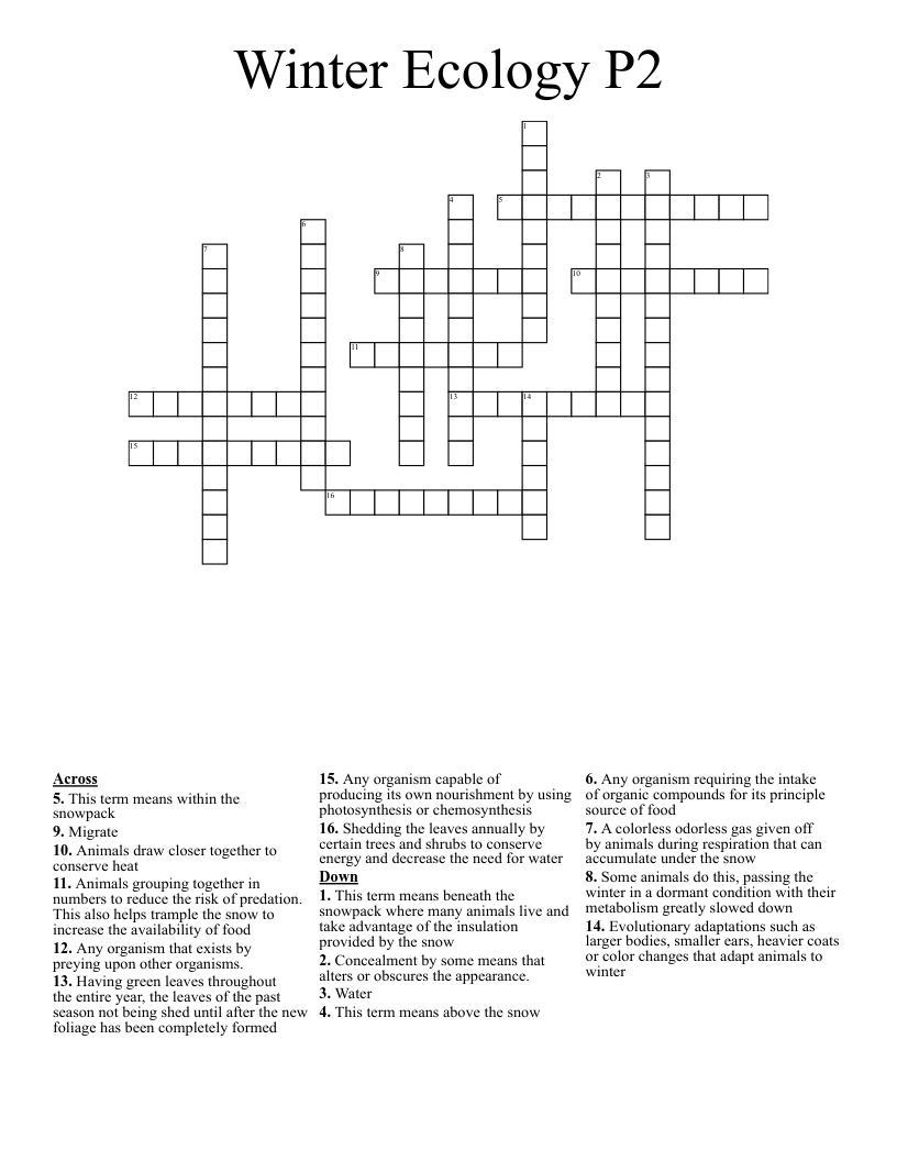 Winter Ecology P2 Crossword