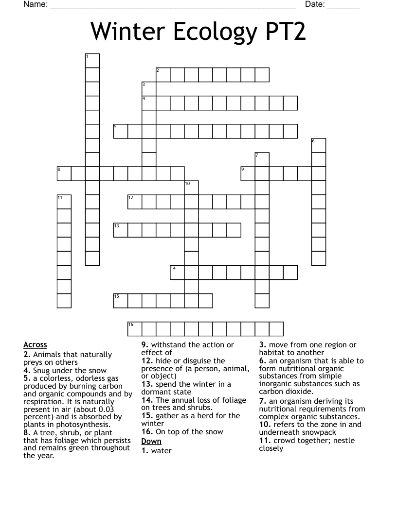 Winter Ecology PT2 Crossword