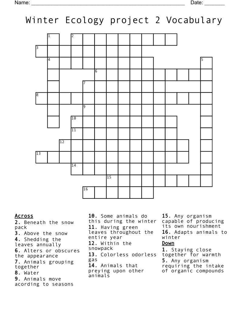 Winter Ecology project 2 Vocabulary Crossword