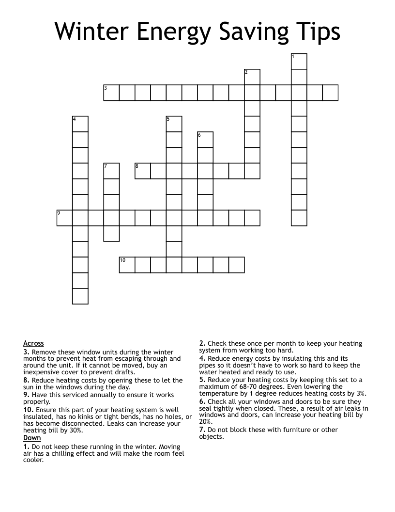 Winter Energy Saving Tips Crossword