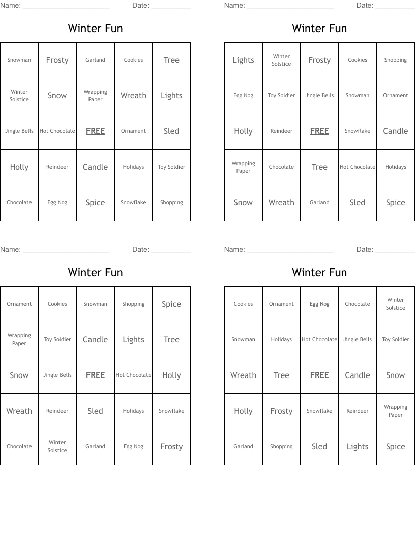 Winter Fun Bingo Cards