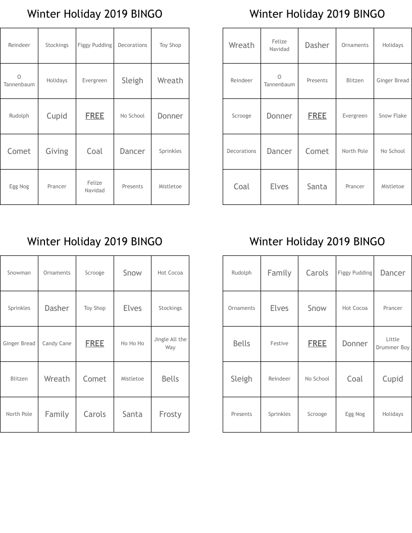 Winter Holiday 2019 BINGO