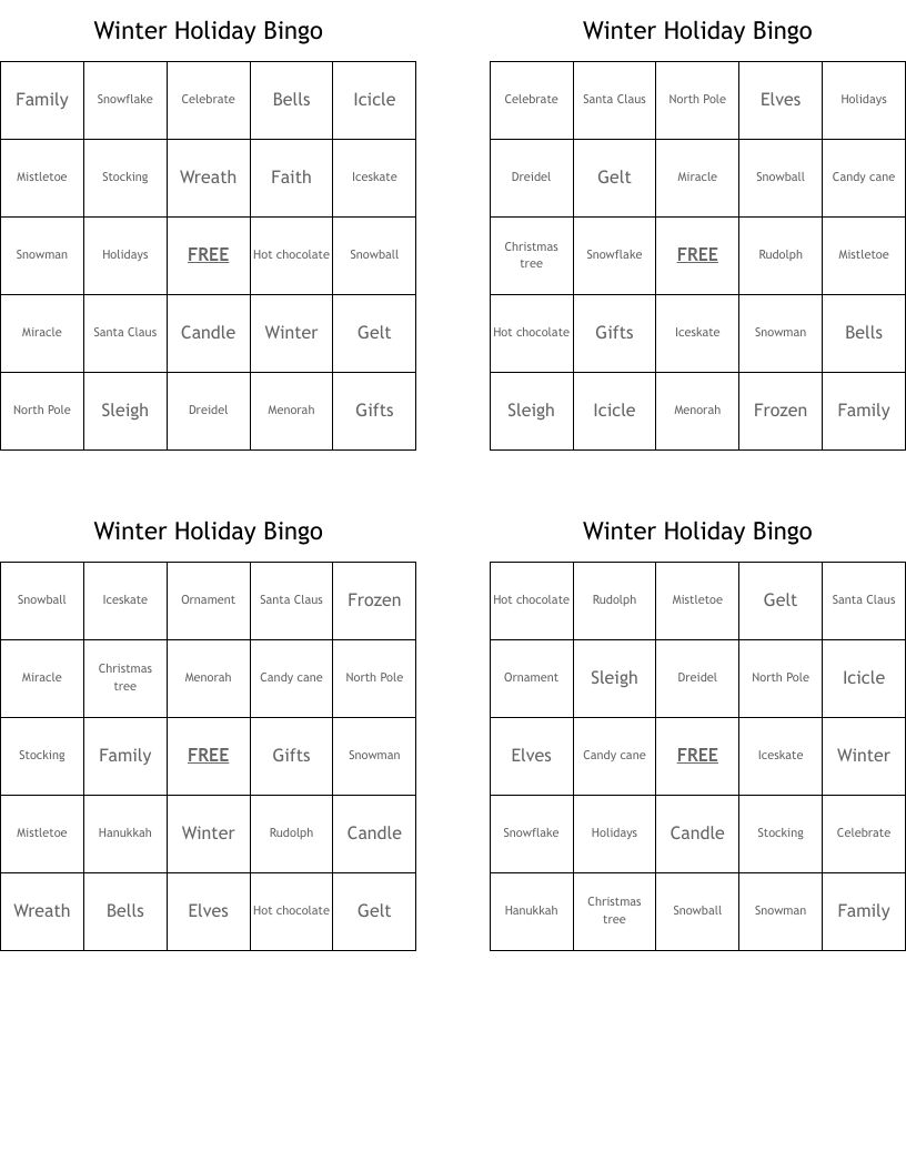 Winter Holiday Bingo