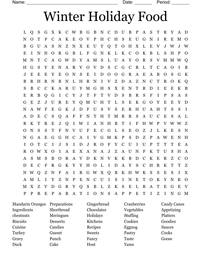 Winter Holiday Food Word Search