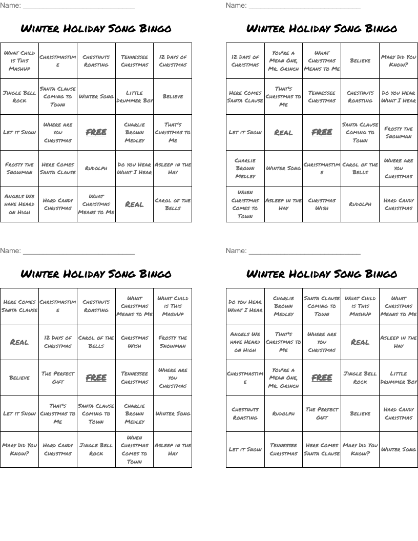Winter Holiday Song Bingo