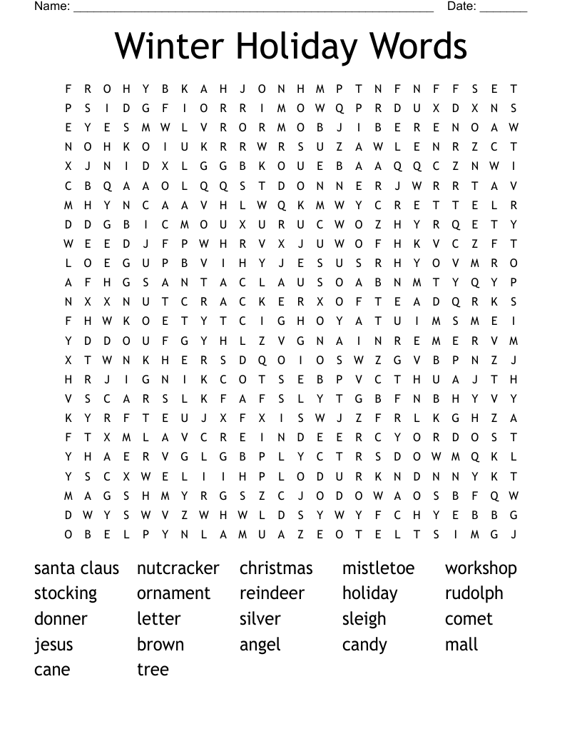 Winter Holiday Words Word Search