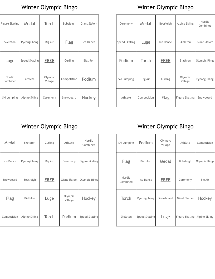 Winter Olympic Bingo