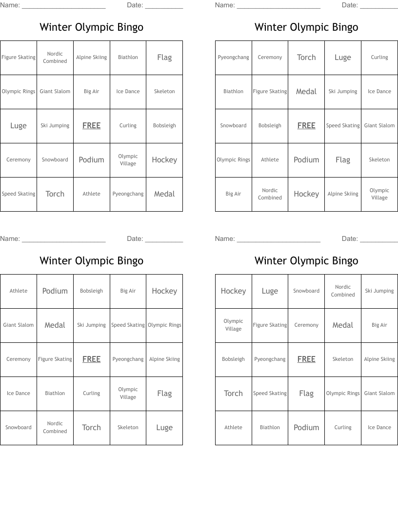 Winter Olympic Bingo