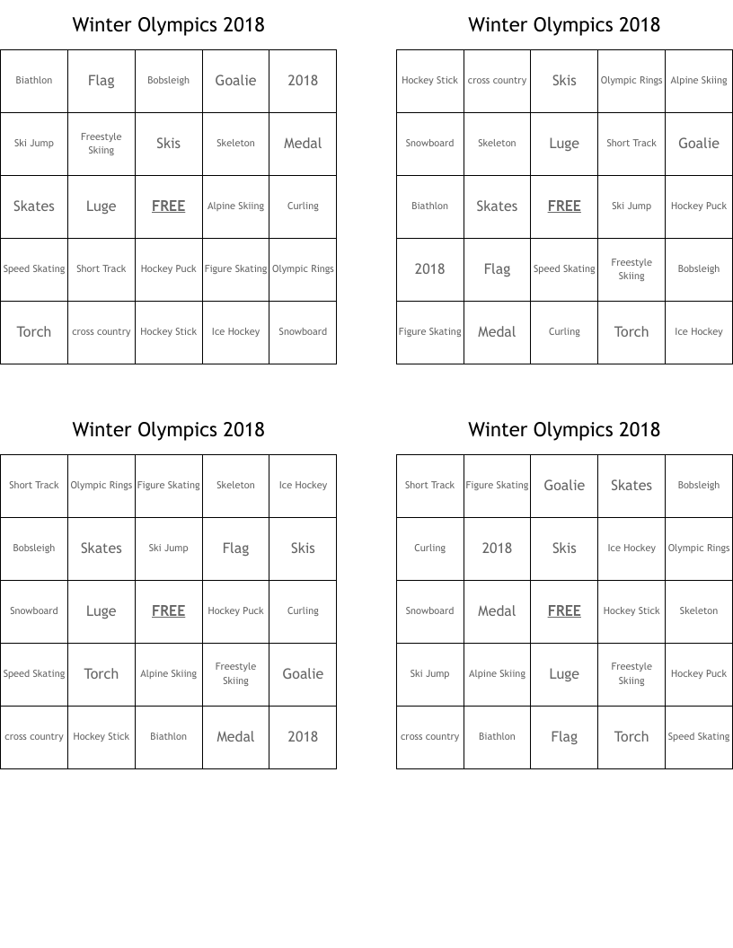 Winter Olympics 2018 Bingo Cards