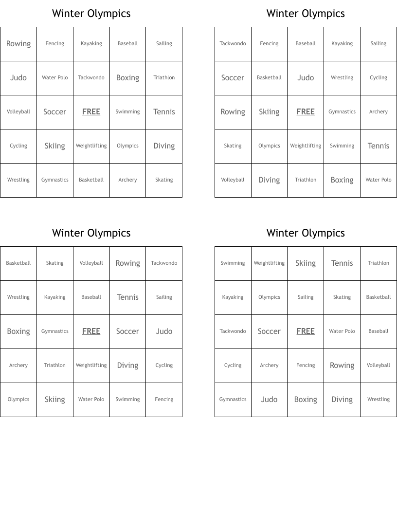 Winter Olympics Bingo Cards