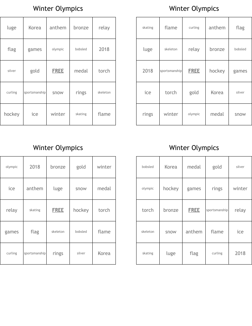 Winter Olympics Bingo Cards
