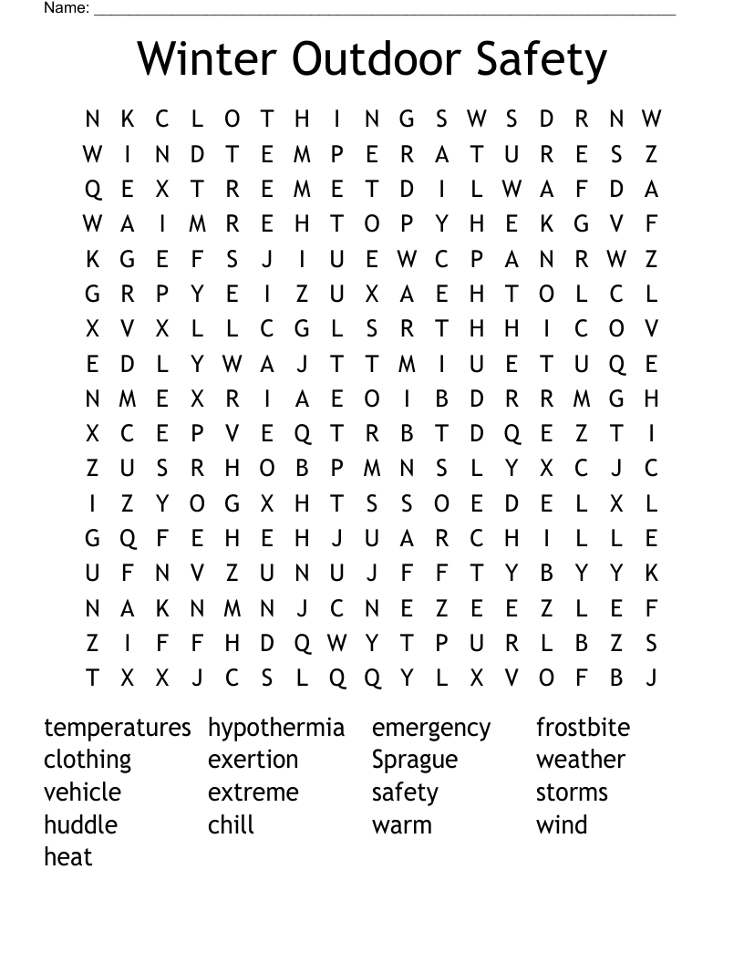Winter Outdoor Safety Word Search