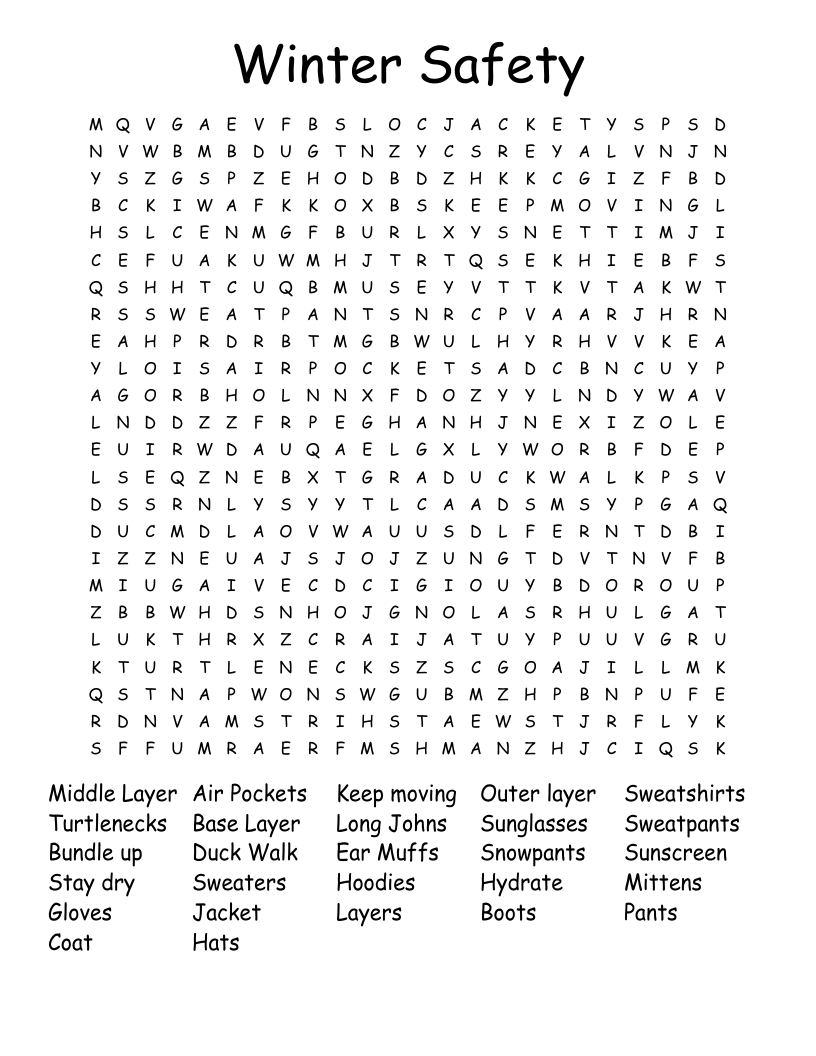 Winter Safety Word Search