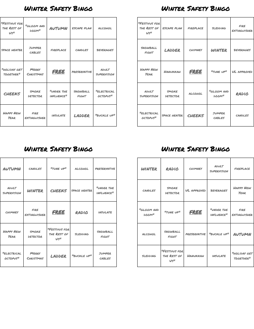 Winter Safety Bingo