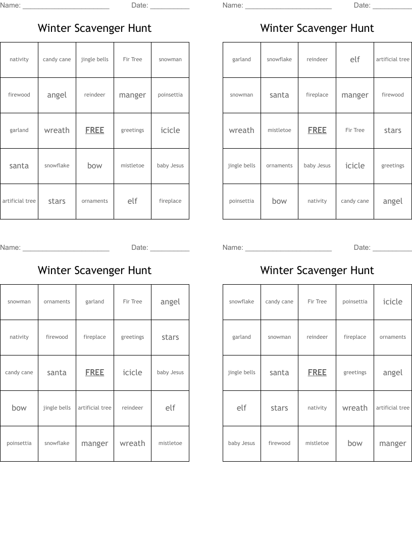 Winter Scavenger Hunt Bingo Cards